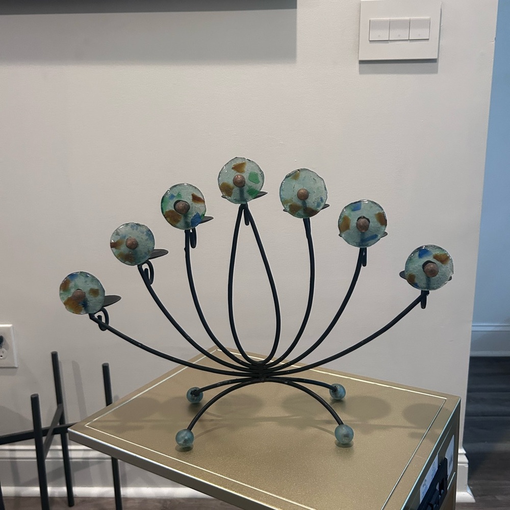 Artistic Metal Menorah with Colorful Glass Accents